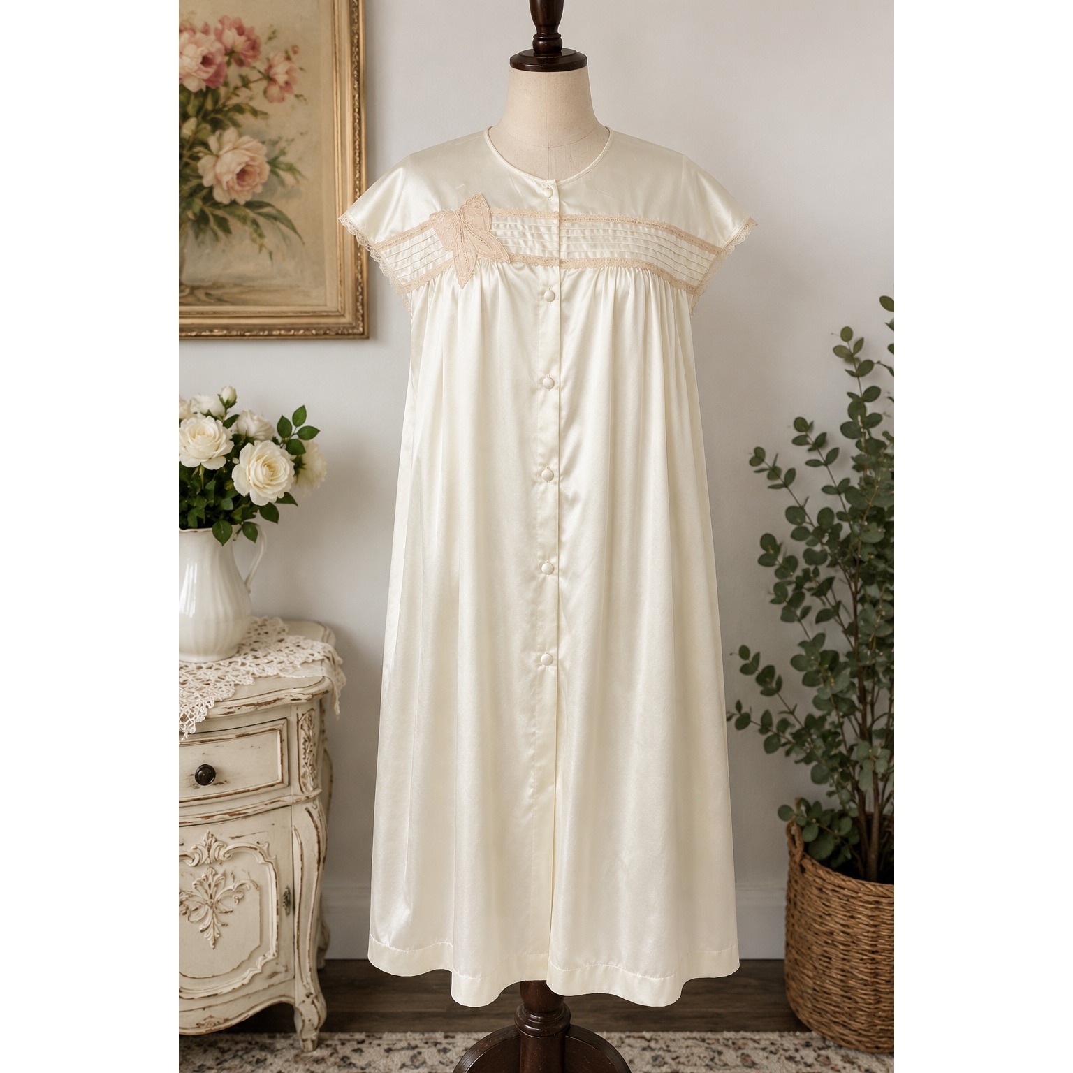 Vintage Vanity Fair Housecoat Robe Satin Butterfly Lace Ivory Usa Nylon L Pocket